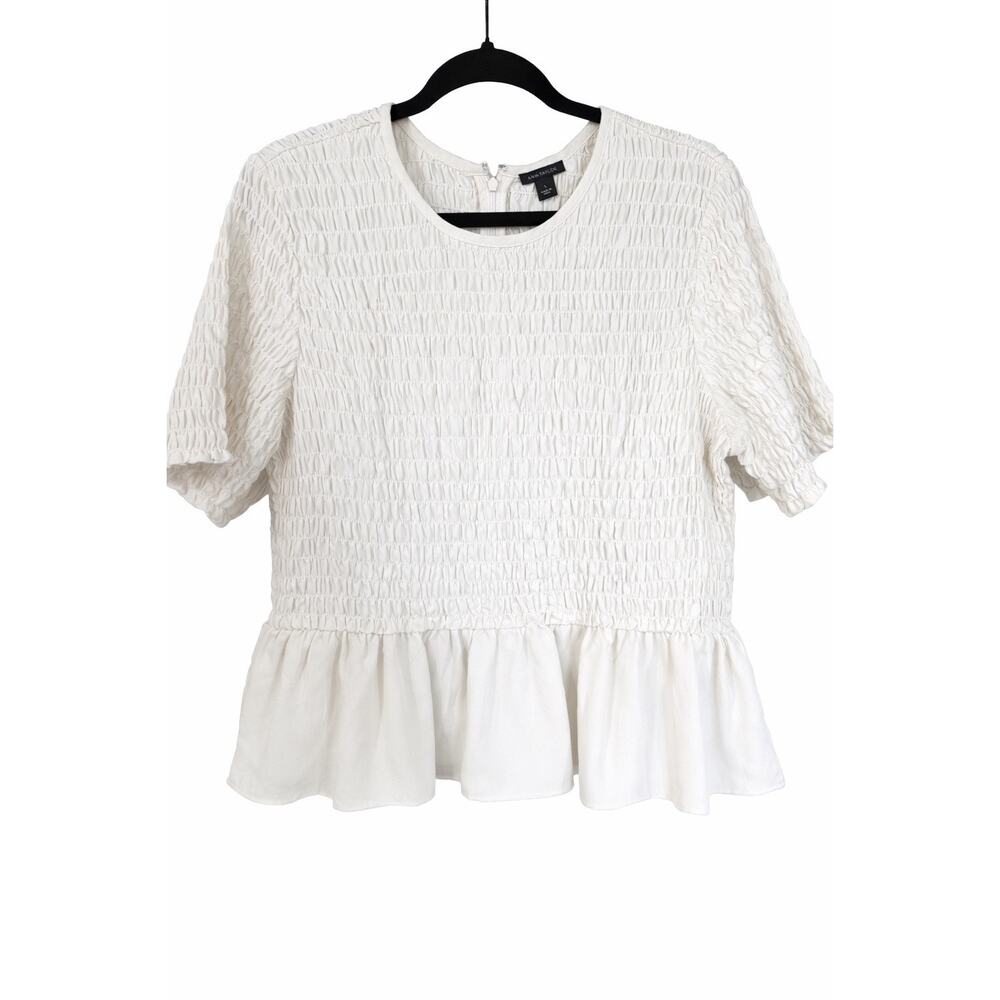 Ann Taylor Ivory Smocked Peplum Wns Large Top Romantic Cottagecore Office Chic